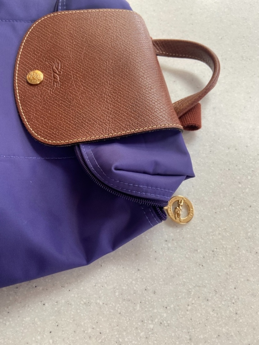 Purple Longchamp Le Pliage Lined Nylon Mini Backpack with Cognac Trim - Picture 12 of 16
